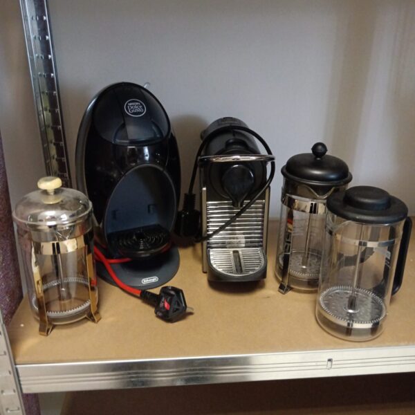 Capsule coffee machines and percolators from Delonghi, Krups, and Bodum.