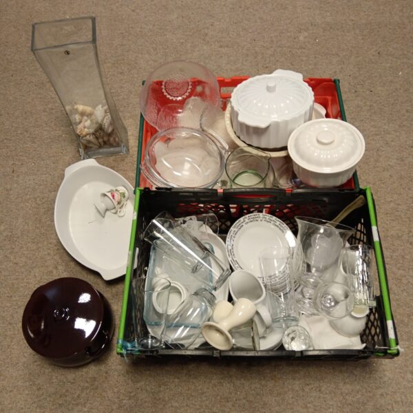 Two crates of mixed kitchenware including pyrex