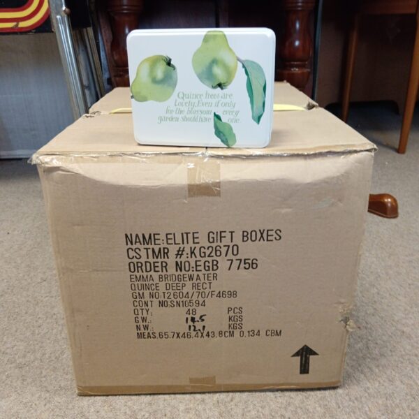 Emma Bridgewater quince tin box with front label visible.