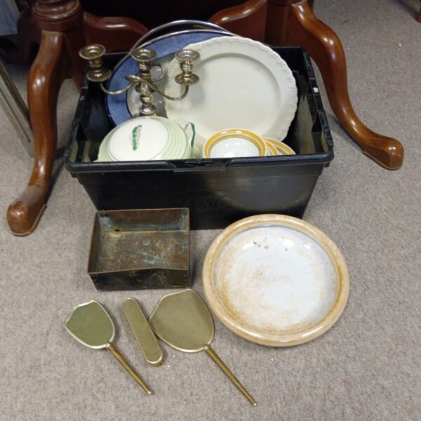 Mixed lot of vintage china and silver plate candelabra.