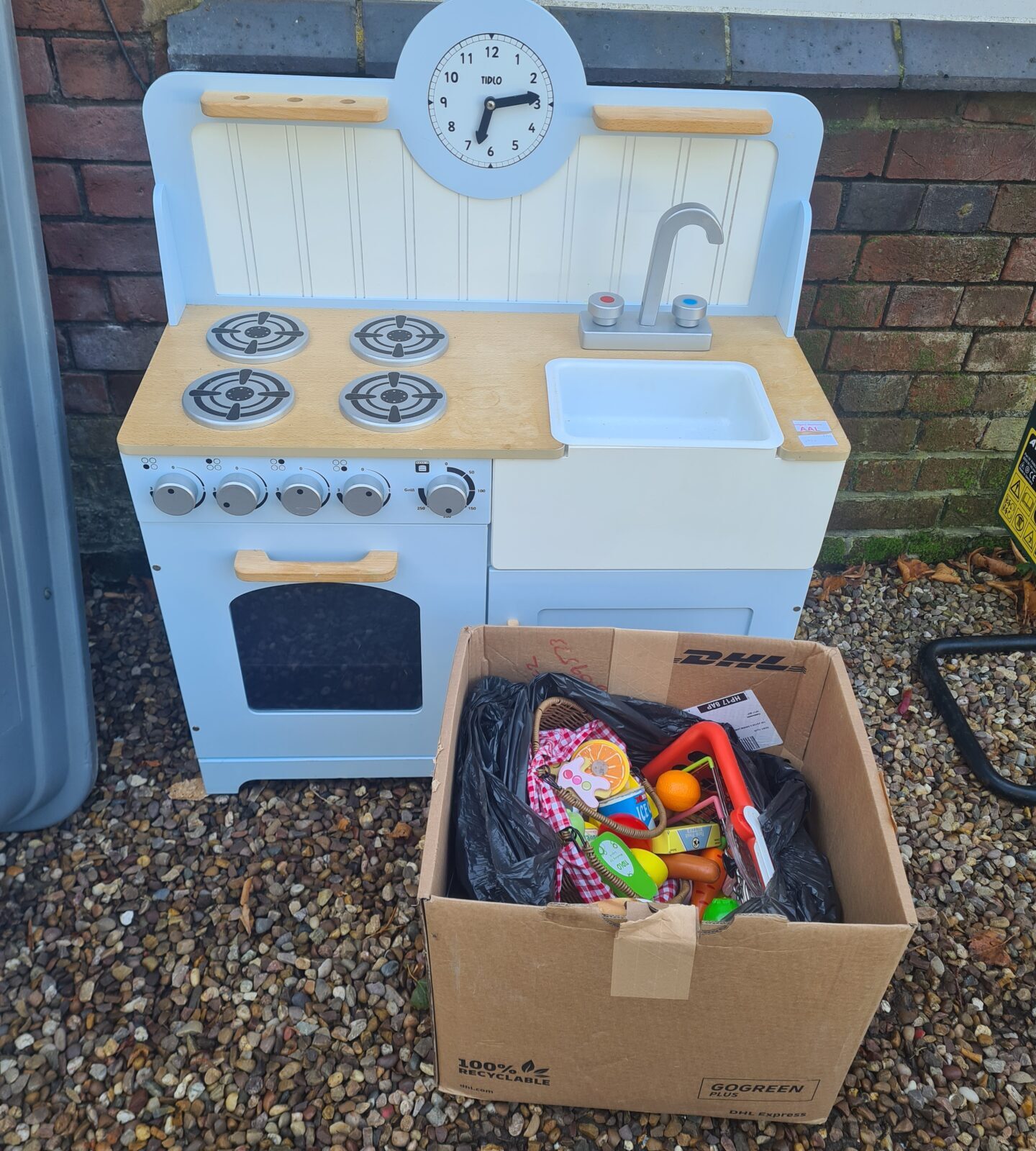 John Crane Tidlo Wooden Country Play Kitchen Set With Box Full Of Mixed Accessories And Plastic Food Toys
