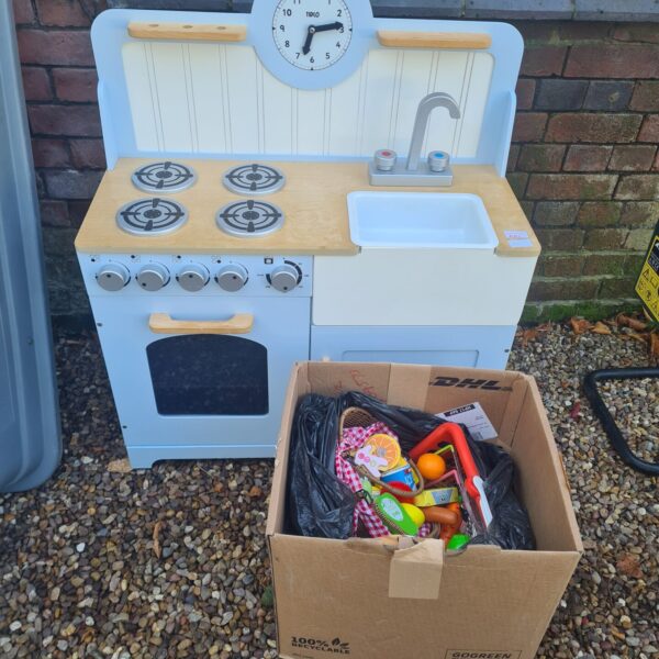 John Crane Tidlo Wooden Country Play Kitchen Set With Box Full Of Mixed Accessories And Plastic Food Toys