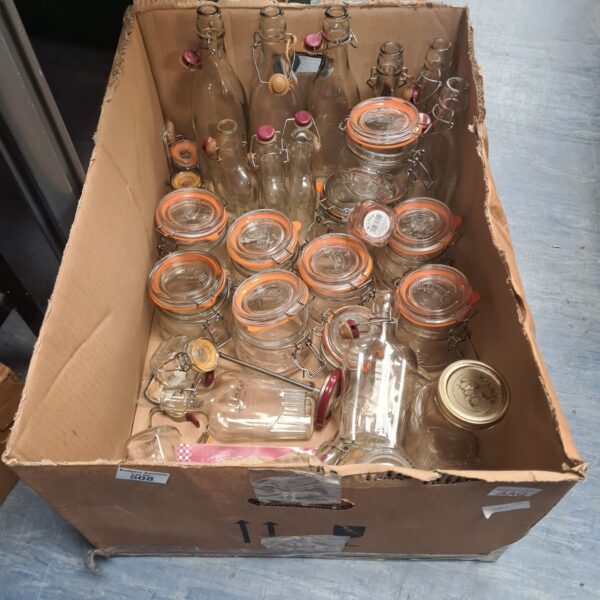 Large lot of vintage Kilner jars and bottles for preserving and storage.