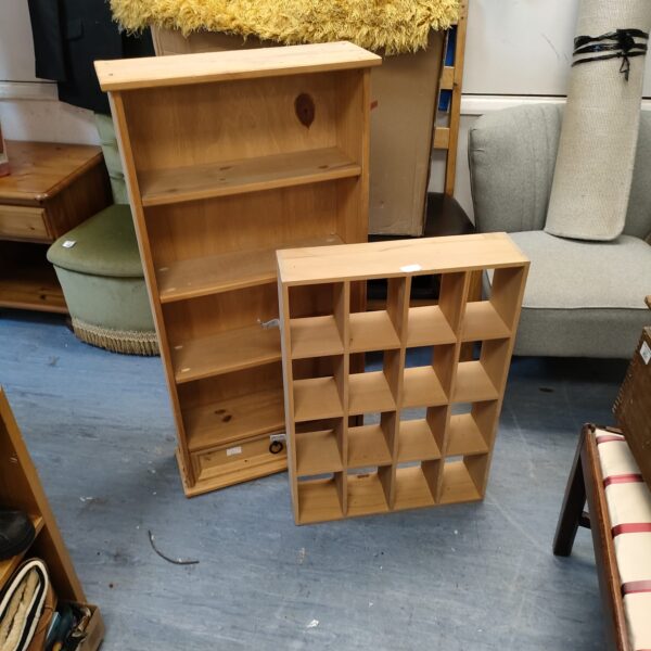 Vintage pine shelving unit with drawer, wall mounted display.