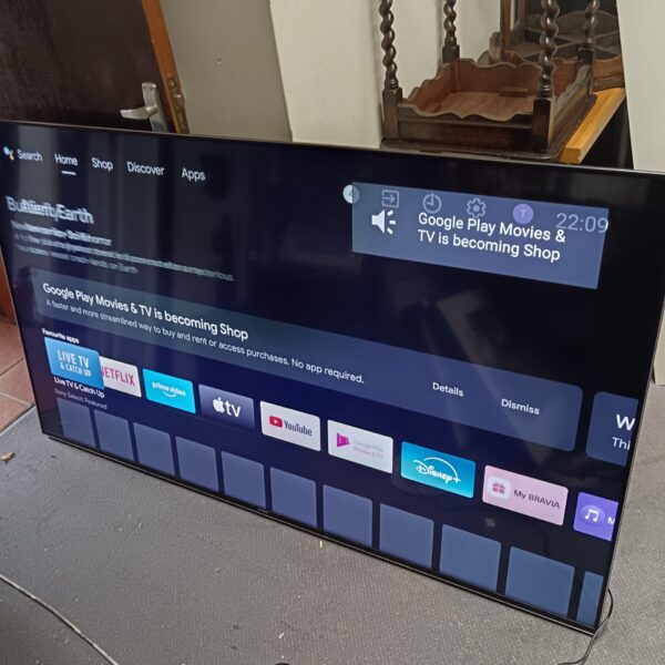 Sony 75 inch 4k smart TV displaying the home screen.
