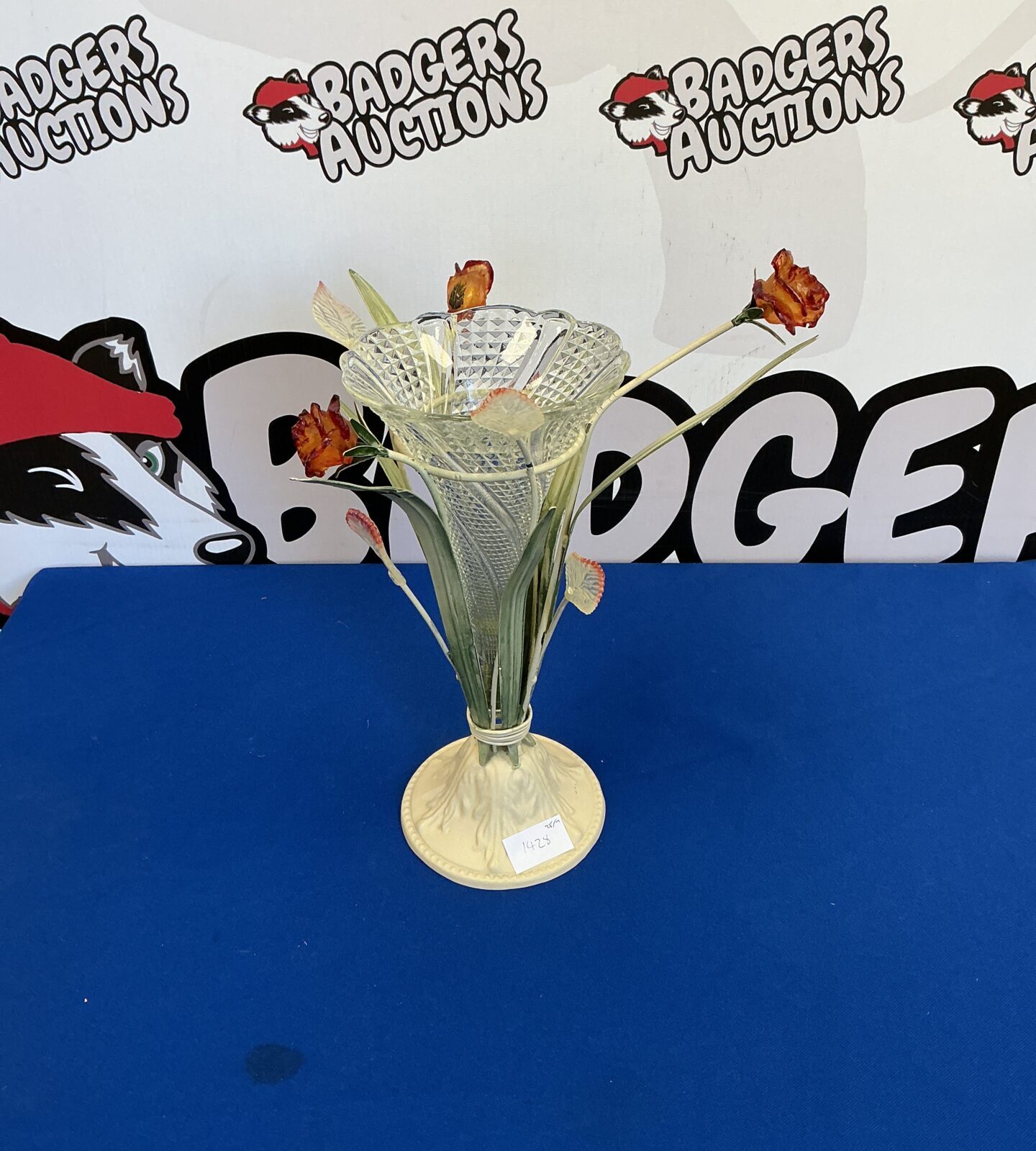 Antique glass rose vase with metal base, vintage floral holder.