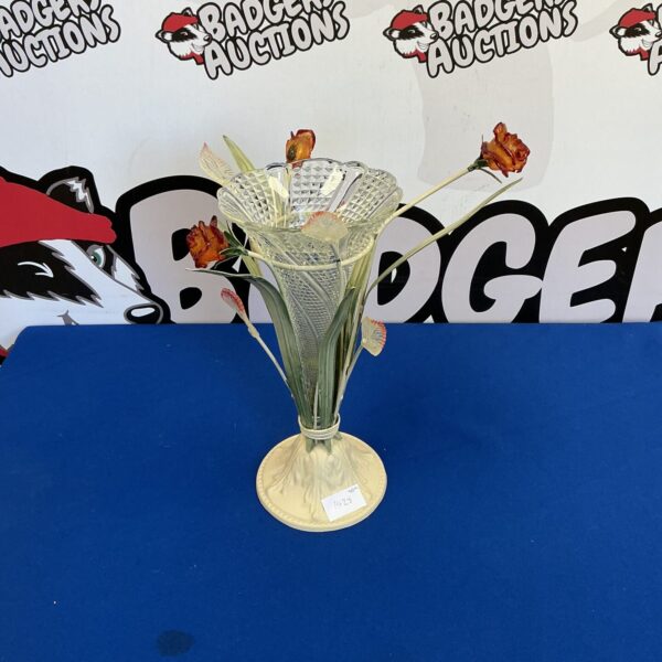 Antique glass rose vase with metal base, vintage floral holder.