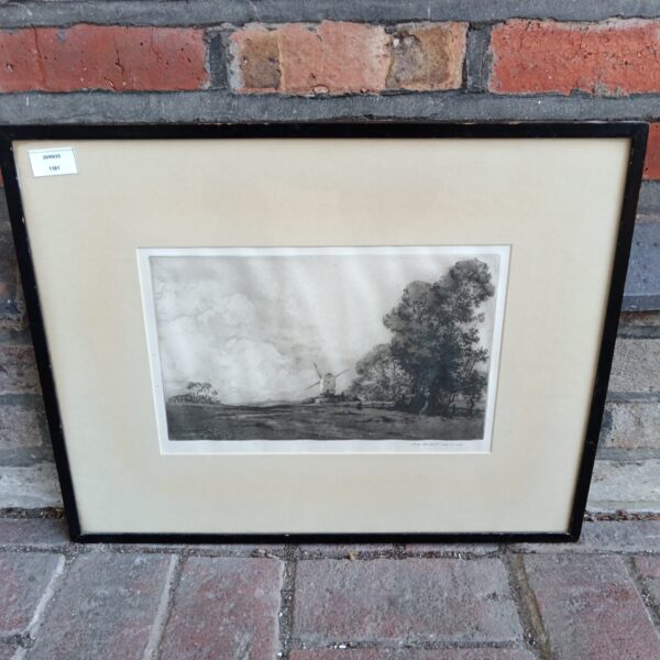 Early 20th-century C H Baskett etching of a derelict mill in a landscape.