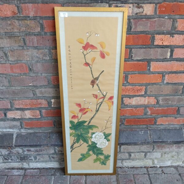 Delicate Chinese watercolour painting of a songbird in blossom.