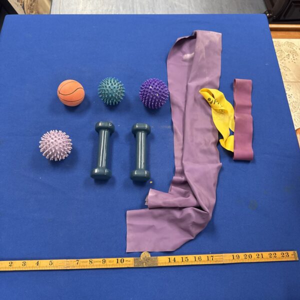 Fitness equipment lot including dumbbells, resistance bands and exercise ball.