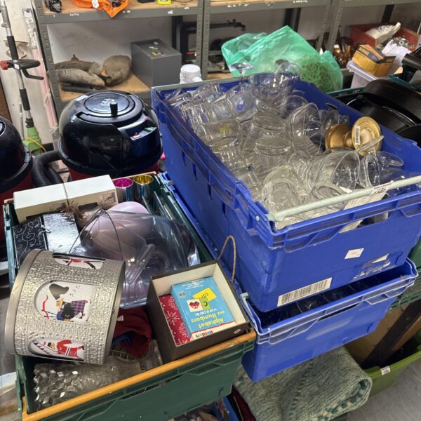 House clearance lot with three crates of assorted items.