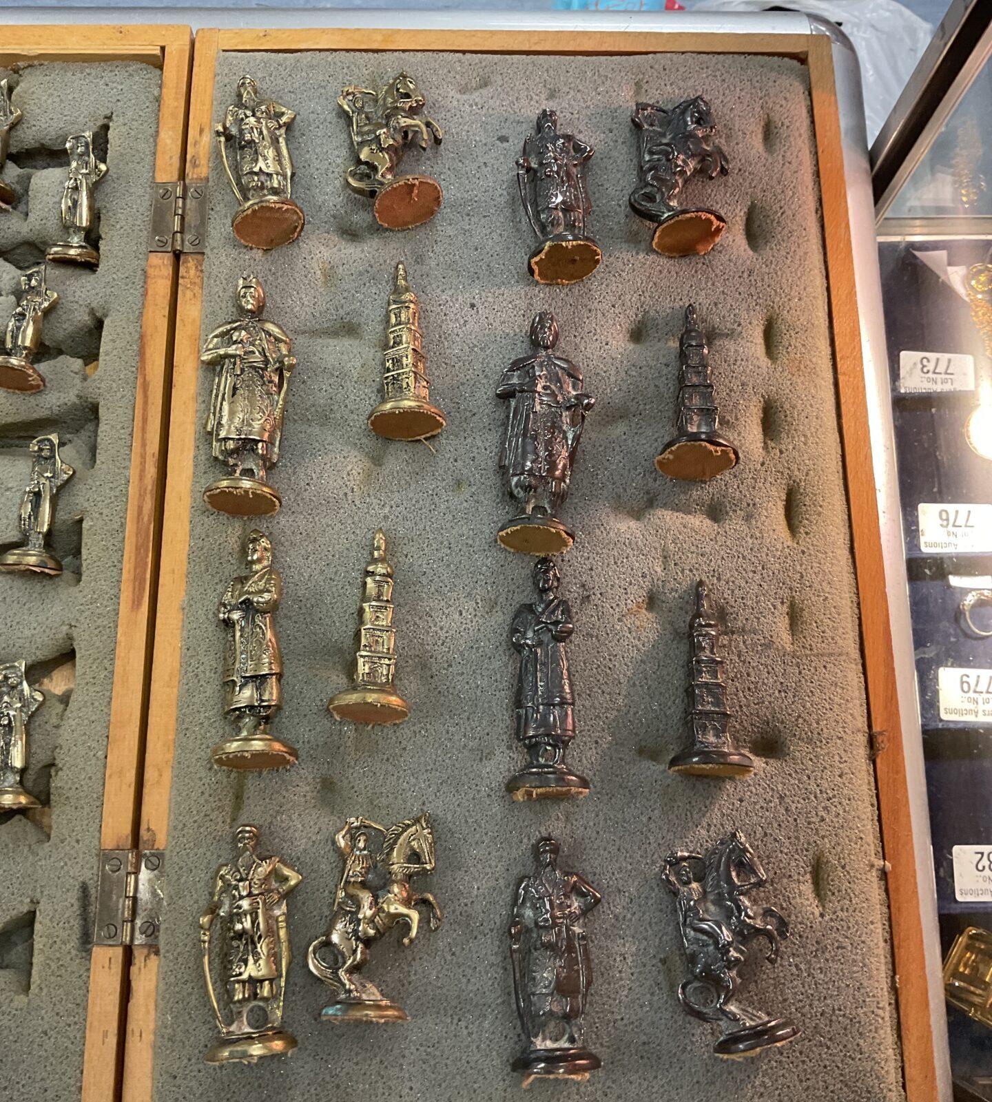cast brass and bronze indian chess set In wood case