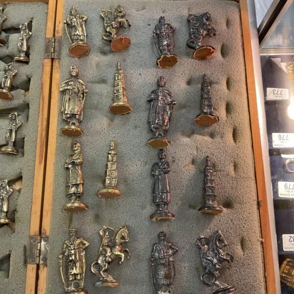 cast brass and bronze indian chess set In wood case