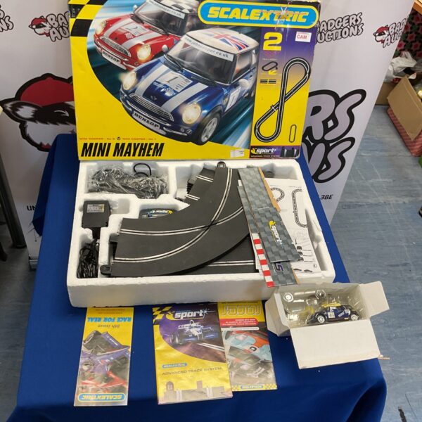 Boxed Scalextric Mini Mayhem racing set, vintage toy car set.