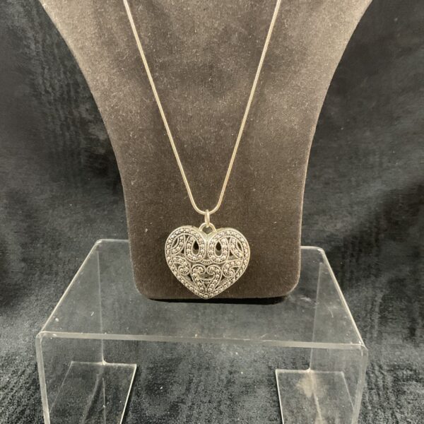 Vintage heart Marcasite pendant 30” necklace with pierced decoration