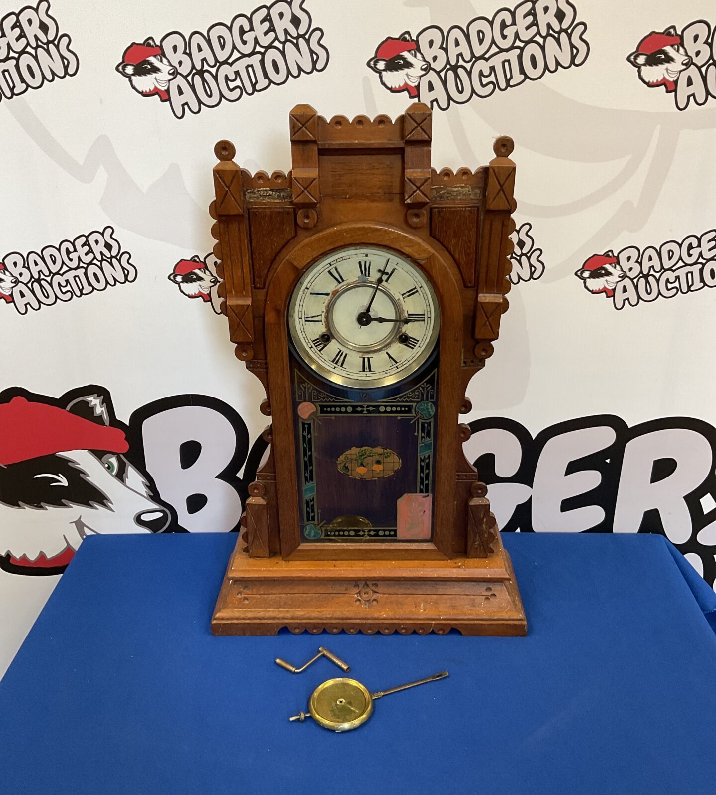 Vintage oak cased glass fronted American wall clock with pendulum & winder