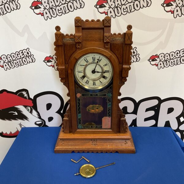 Vintage oak cased glass fronted American wall clock with pendulum & winder