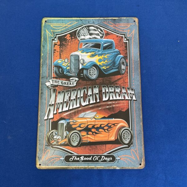 Vibrant red retro car plaque with flame details.
