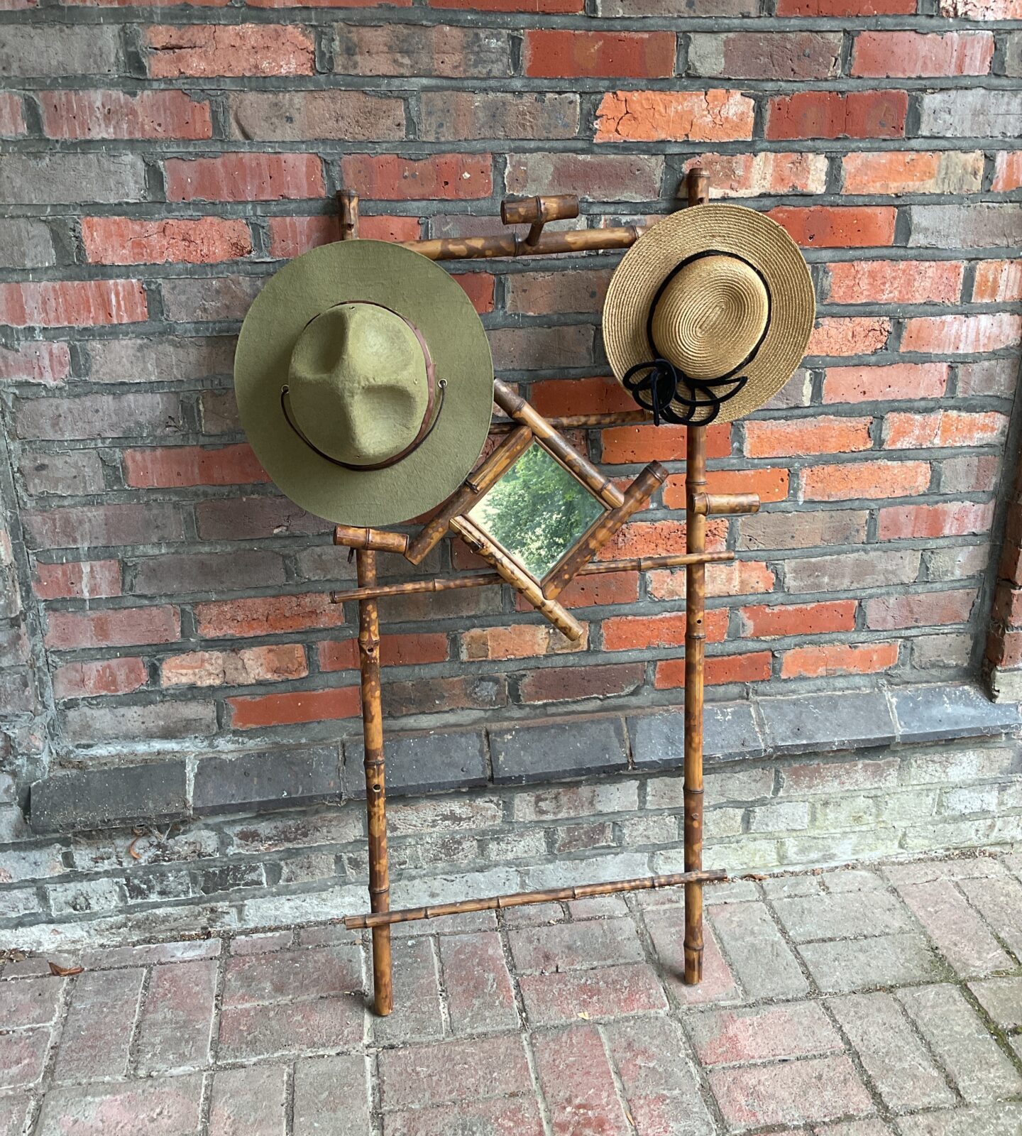 Mid century tiger bamboo mirrored coat & hat rack