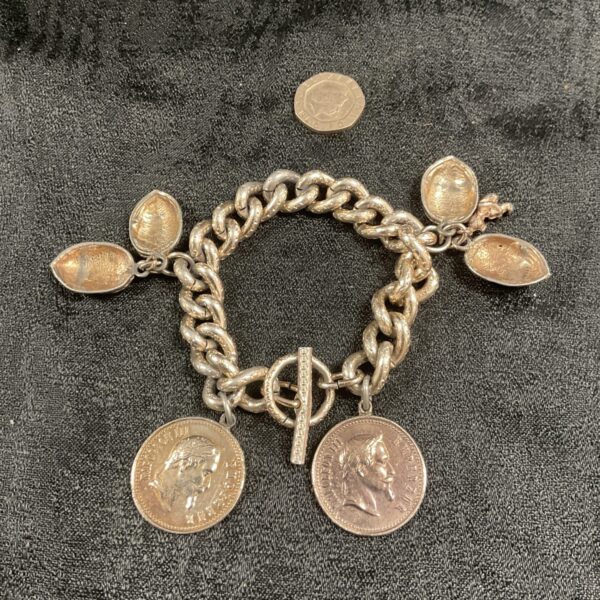 Antique French Empire Napoleon Ill silver coin T-bar charm bracelet