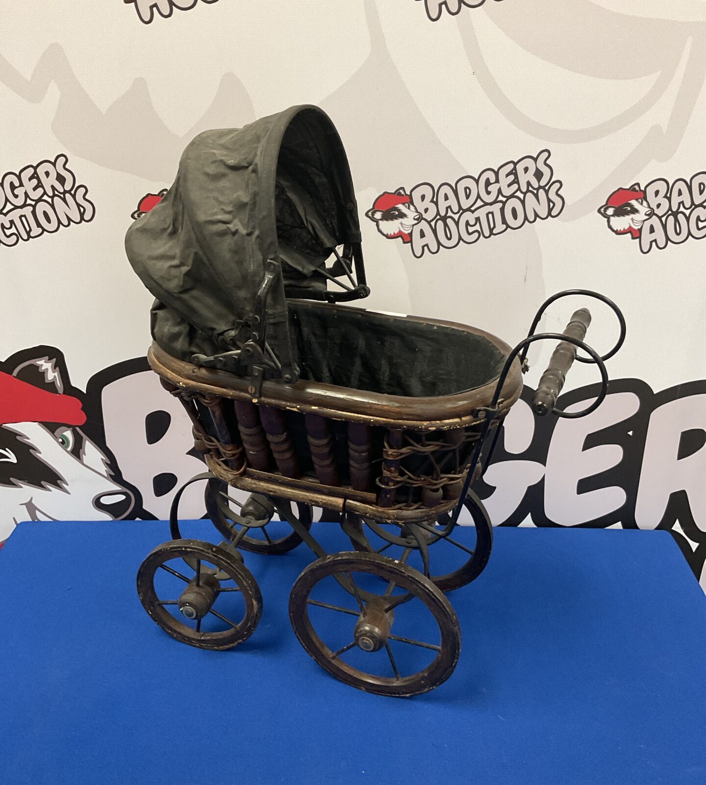 Small vintage wicker, wood & iron pram planter
