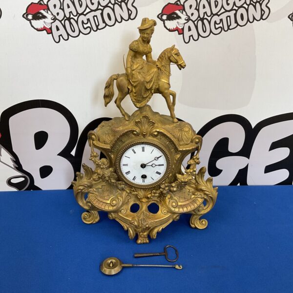 Antique japy freres brass mantle clock with classical lady on horseback