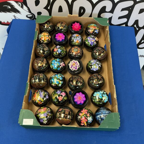 Vintage hand painted wax flower boxes with floral designs.