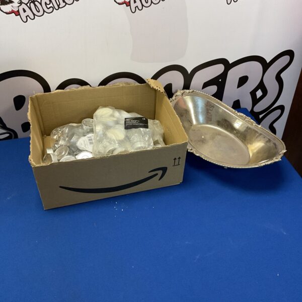 Box containing George home unscented tea lights and silver plate dish