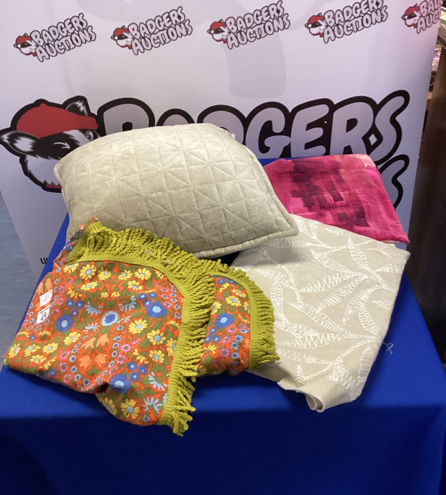 cushion with retro table cloth & harequin fabric