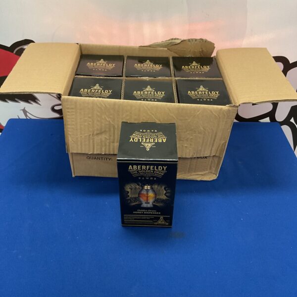 Box of seven new Aberfeldy The Golden Dram honey dispensers.