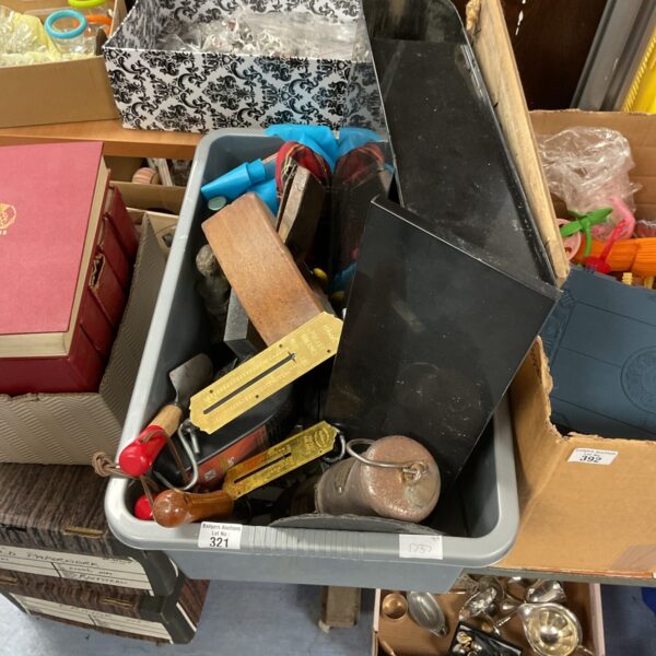 Mixed lot of vintage tools and collectibles including a miner’s lamp.