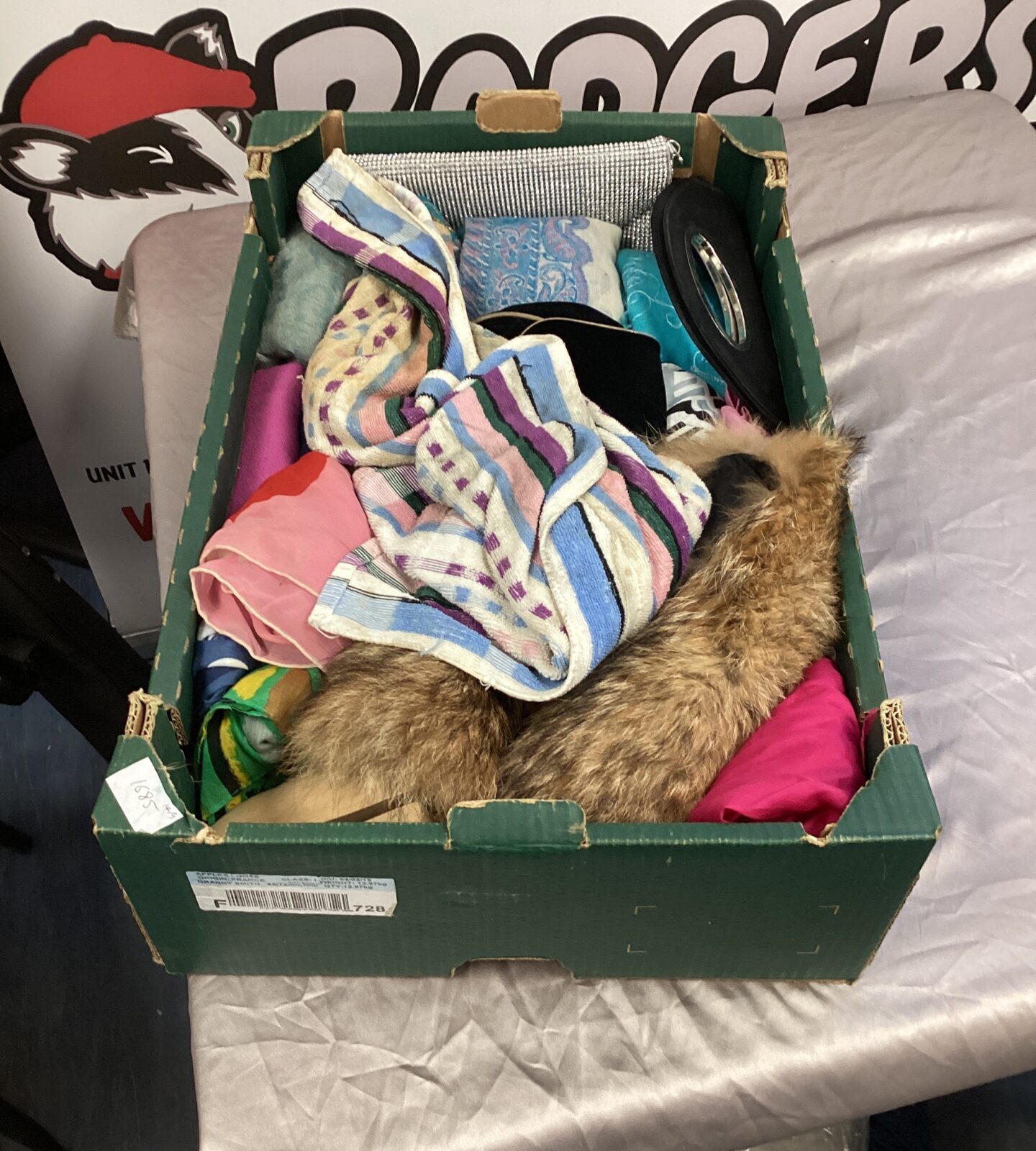 tray of scarves & dior style handbag