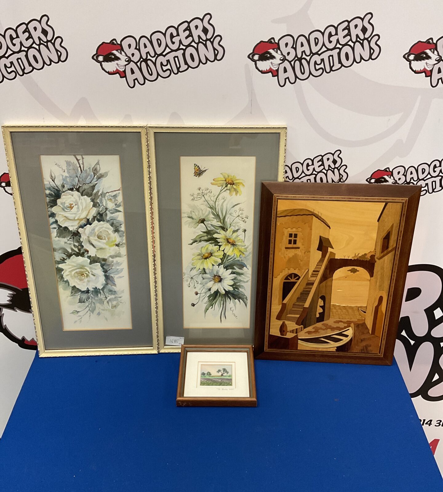 Pair of still life watercolours signed elmer, jo baules miniature embroidery & marquetry panel