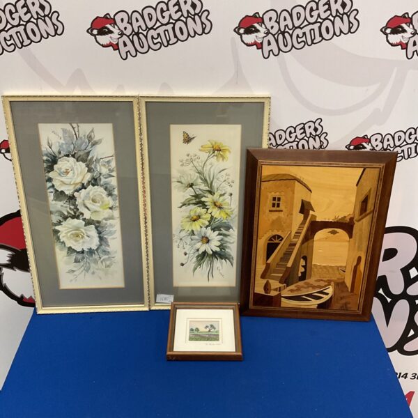 Pair of still life watercolours signed elmer, jo baules miniature embroidery & marquetry panel