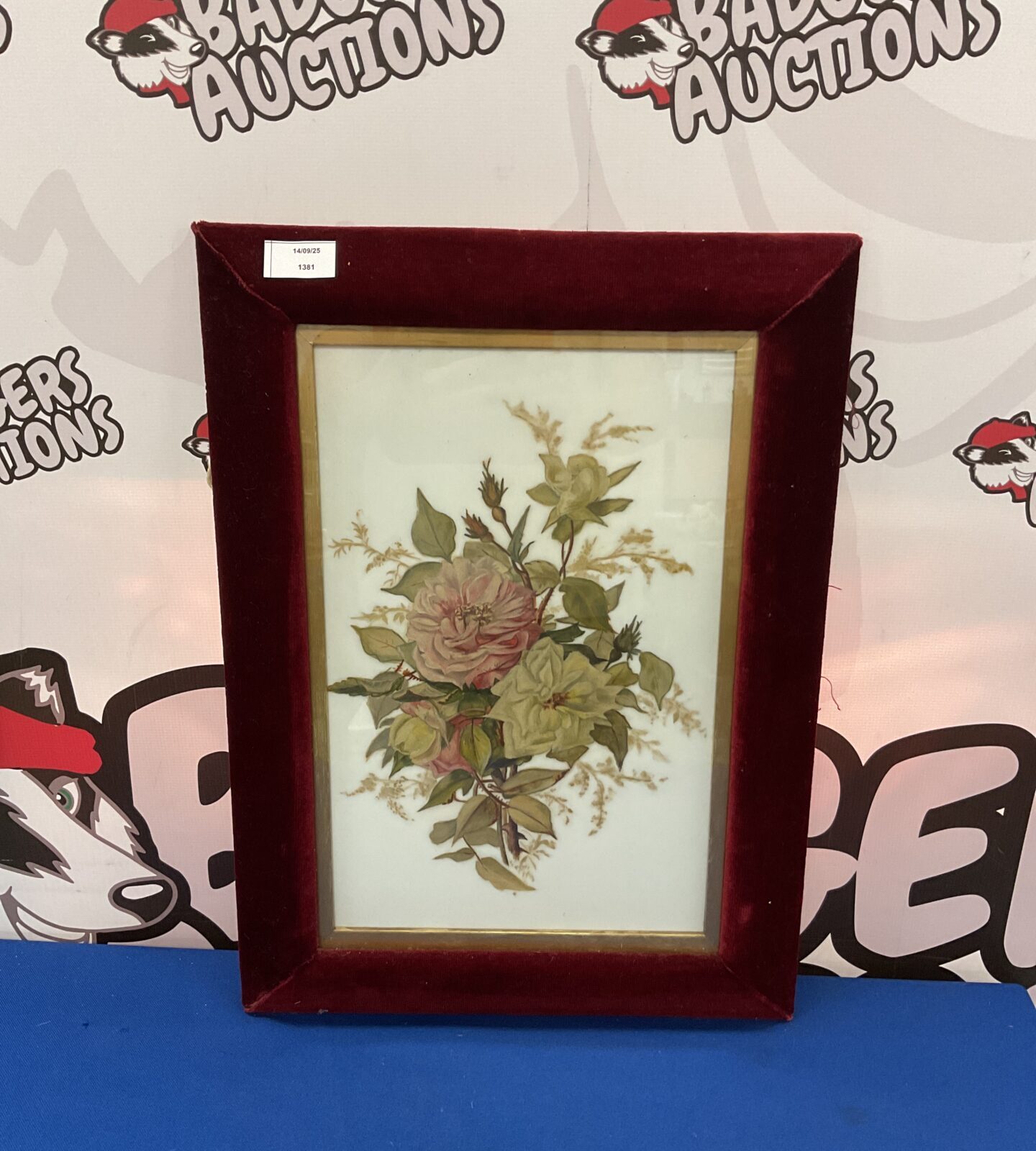velvet framed victorian oil painting on opaque glass of autumnal flowers