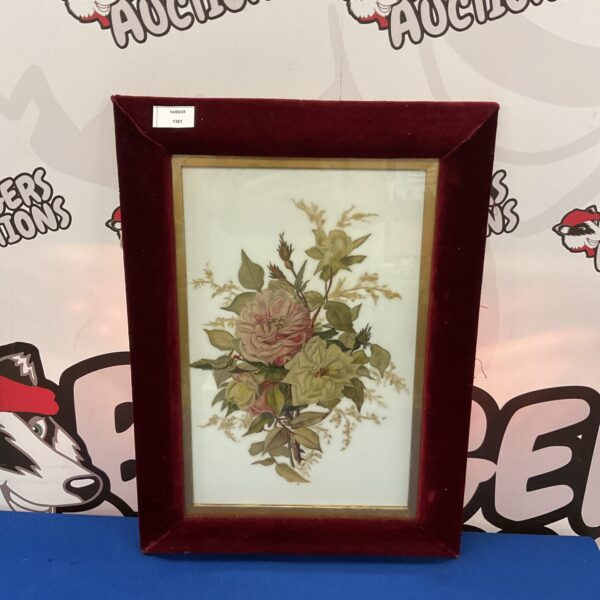 velvet framed victorian oil painting on opaque glass of autumnal flowers