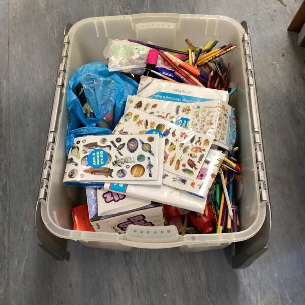 Mixed stationery and sticker lot with colourful art supplies.
