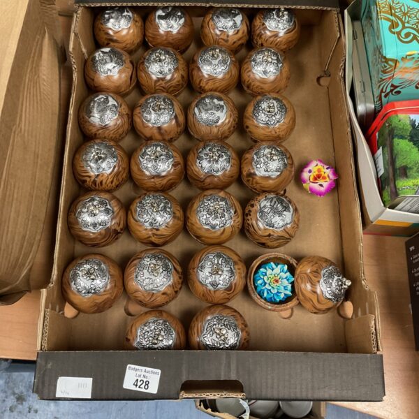 Collection of vintage wax melt pots with floral designs.