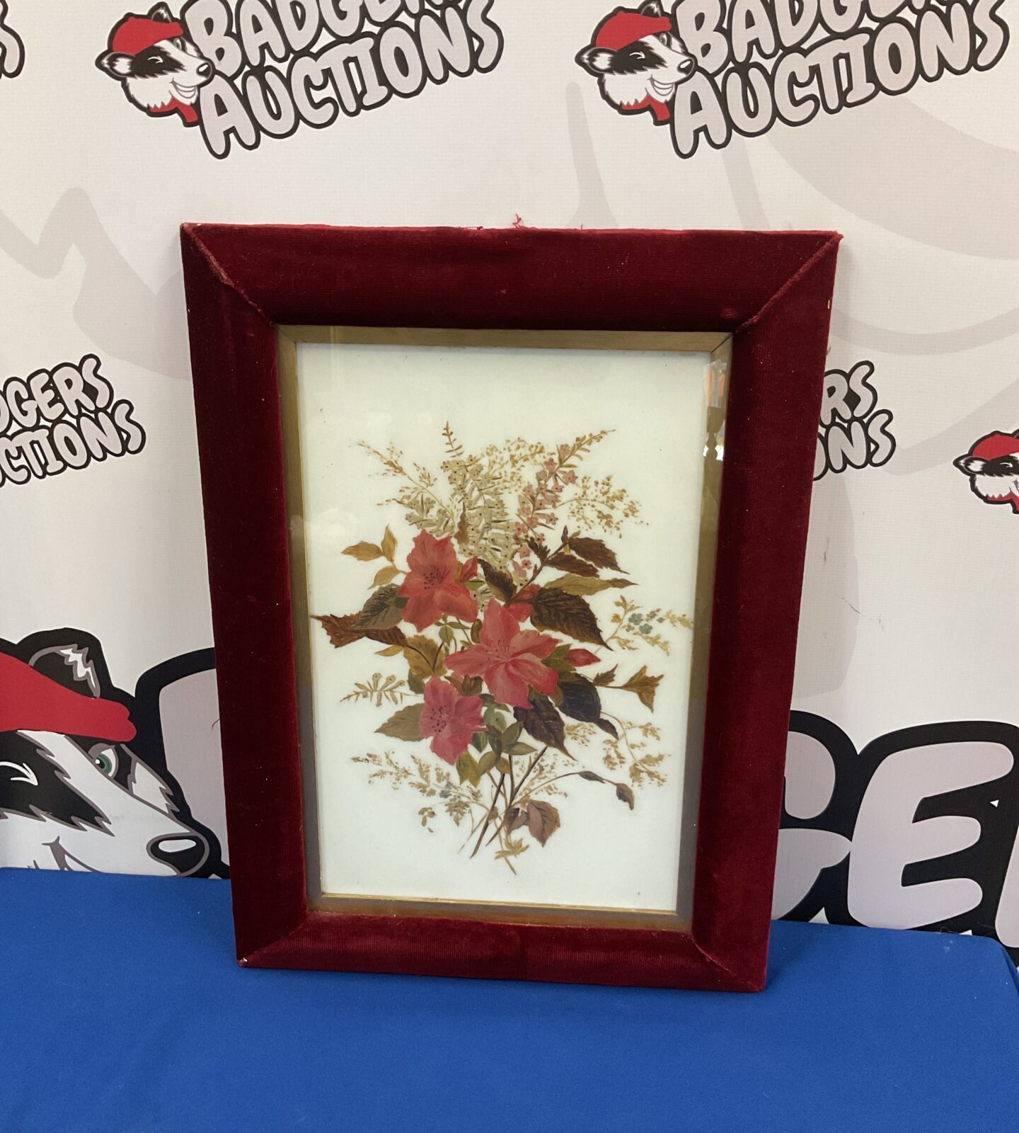 victorian oil painting on opaque glass of flowers & fauna