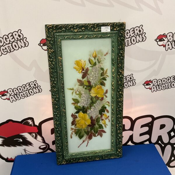 Antique Victorian opaque glass painting of vibrant floral arrangement.