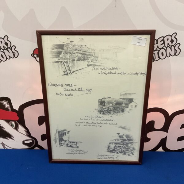 Framed David Shepherd print of Guildford Locomotive Shed railway scene.