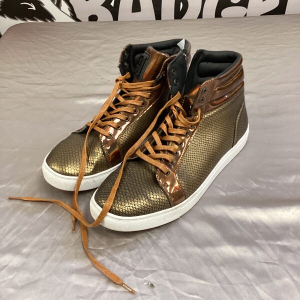 Gold Born Rich trainers size 12, high-top athletic shoes.