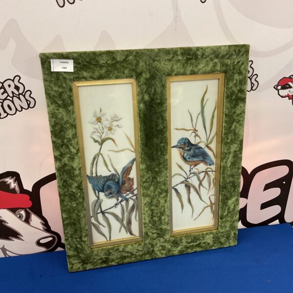 Antique Victorian kingfisher paintings on opaque glass, a beautiful pair.