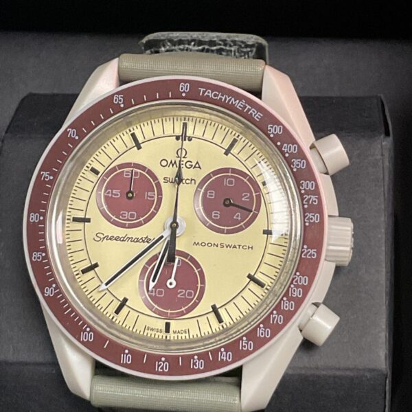 Front view of the Omega Swatch MoonSwatch Mission to Pluto bioceramic watch.