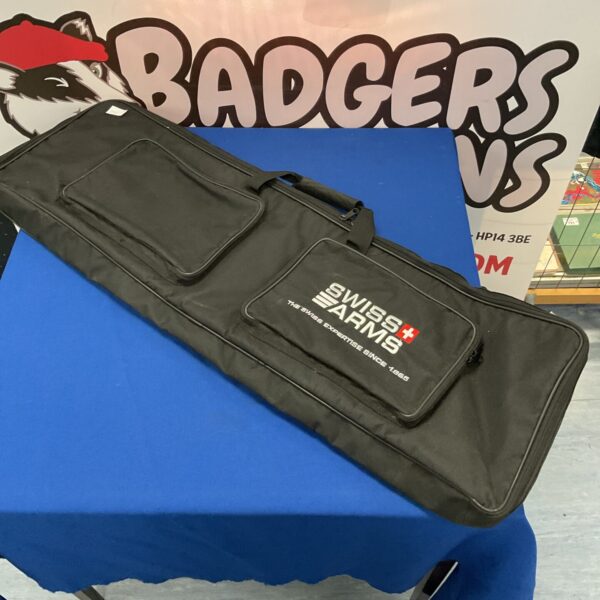 Black Swiss Arms rifle case with carry handle.