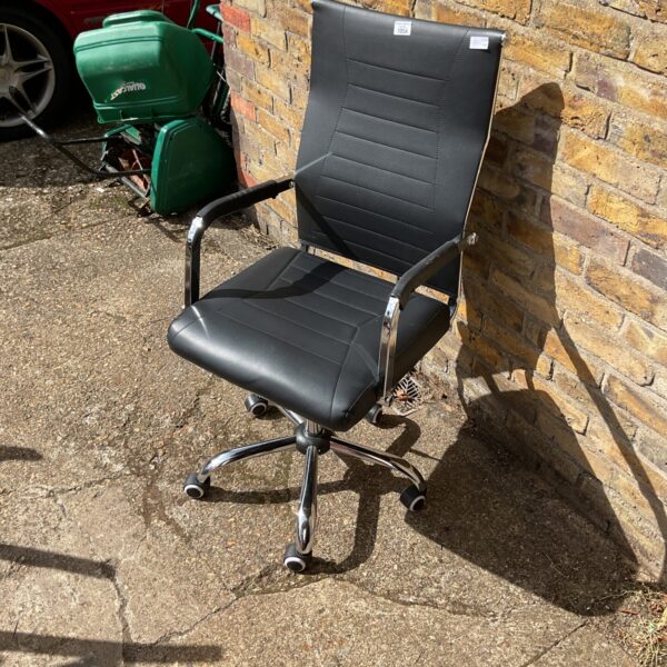 Black office swivel chair with height adjustment for comfortable desk work.