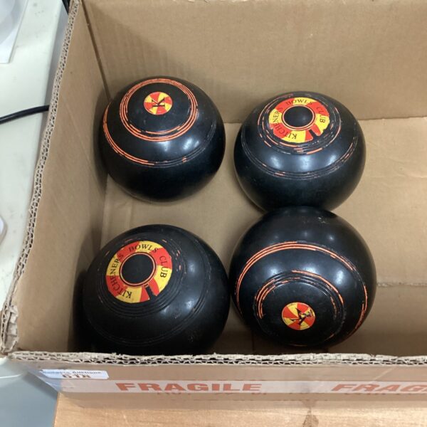 Vintage Kitchener Bowls Club lawn bowls set for outdoor games.