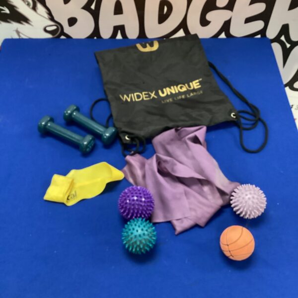 Bag of exercise bands, small weights & spike balls