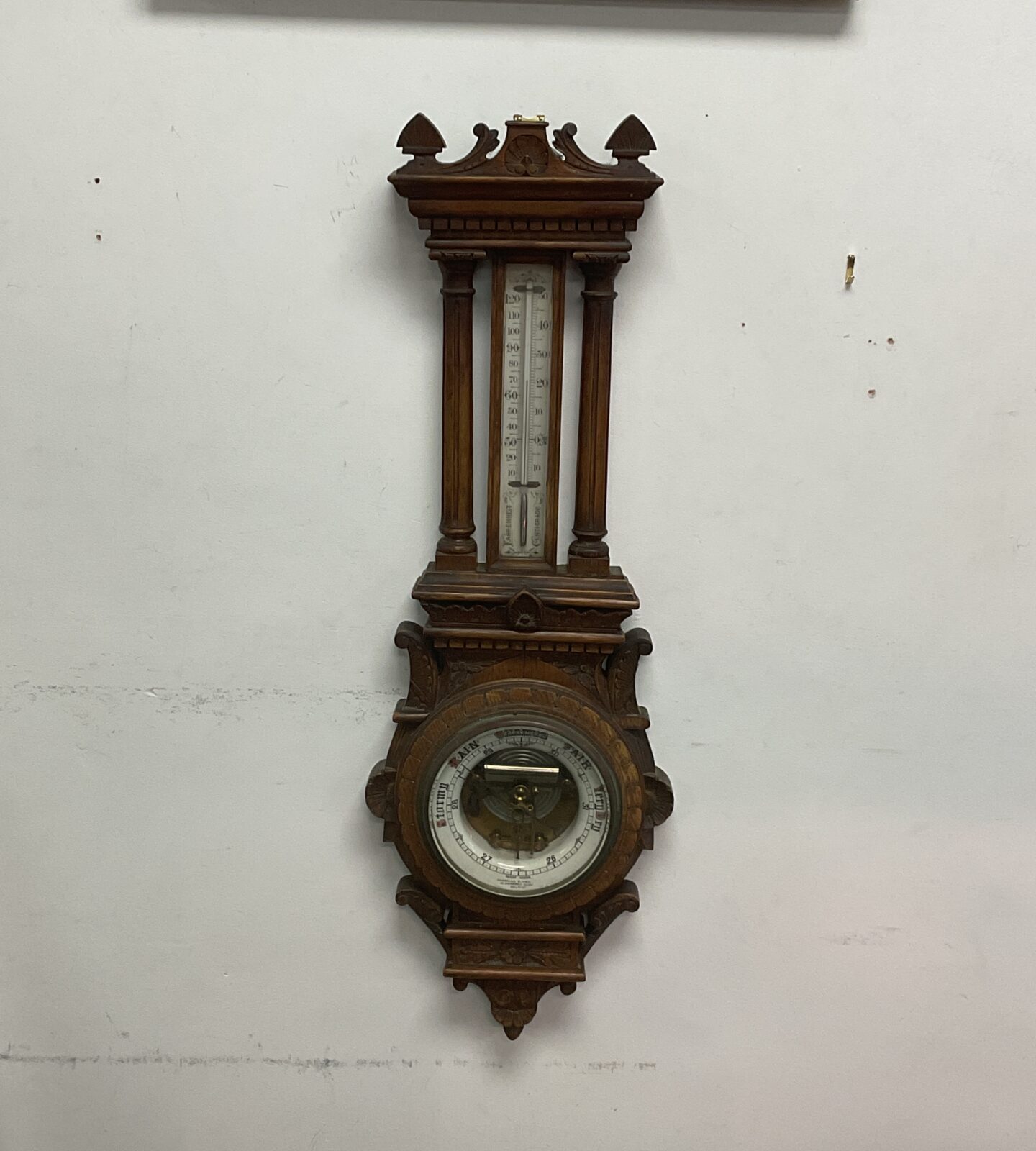 Antique carved oak barometer by Sharman  D Neil belfast