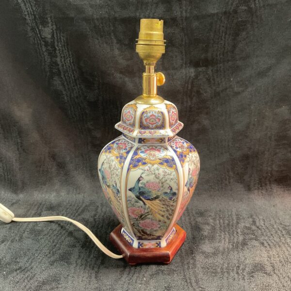 Vibrant Japanese peacock ginger jar table lamp with detailed design.